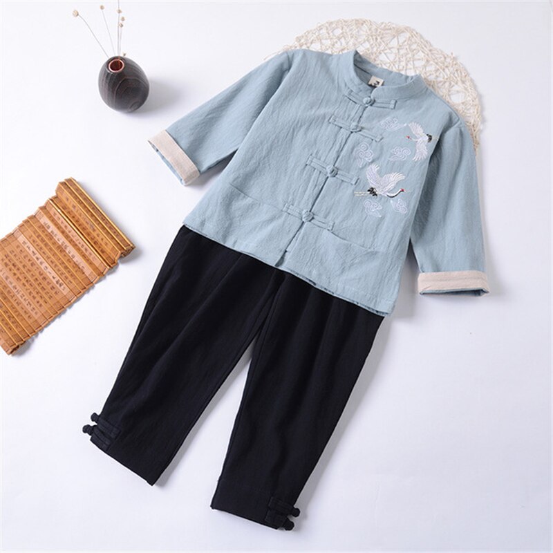 Chinese style boy cotton and linen suit summer short-sleeved children's clothing retro Tang suit school uniform Hanfu