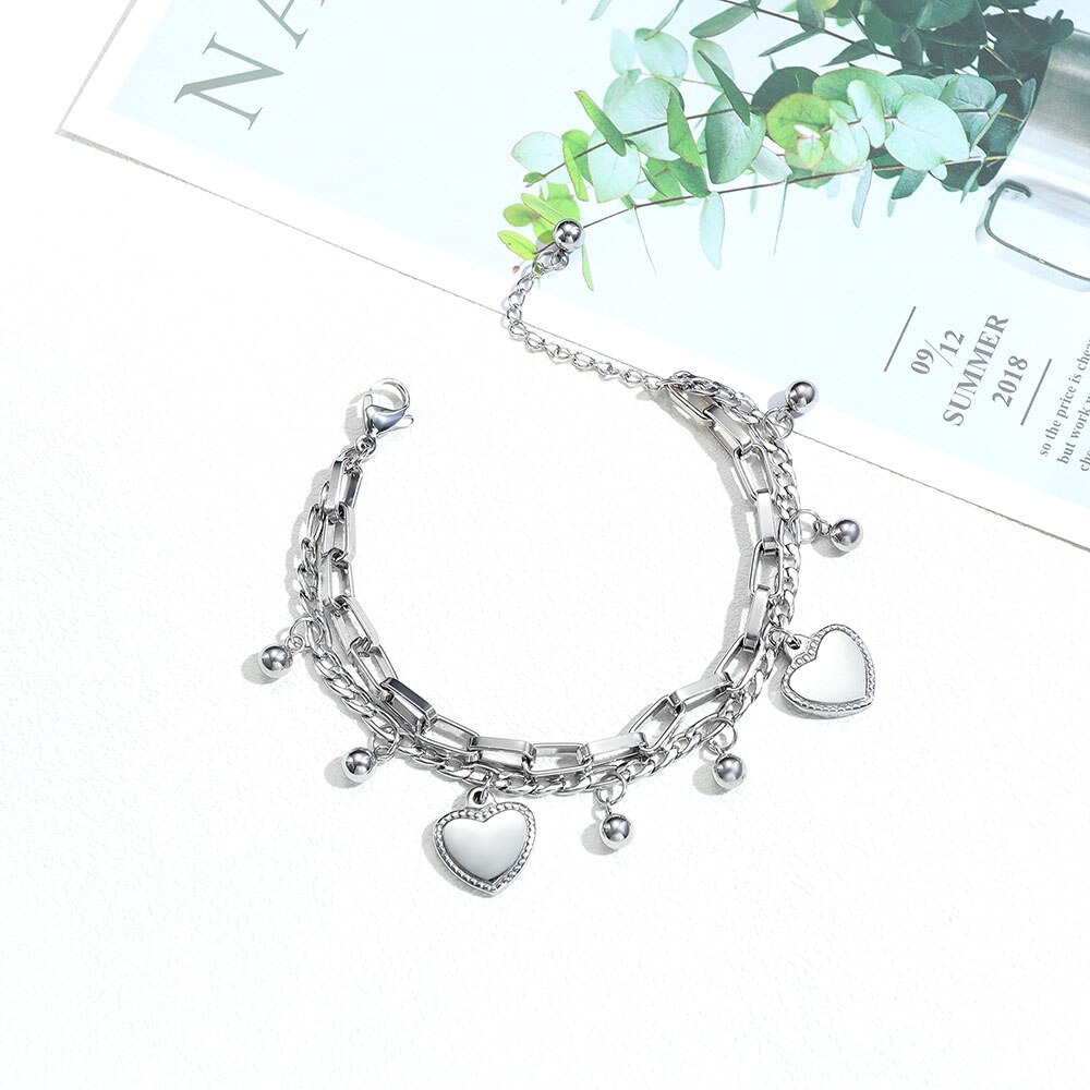 Lokaer Trendy Double Layer Stainless Steel Love Heart Ball Charm Bracelets For Women Girls Bohemia Chain Link Jewelry B19151