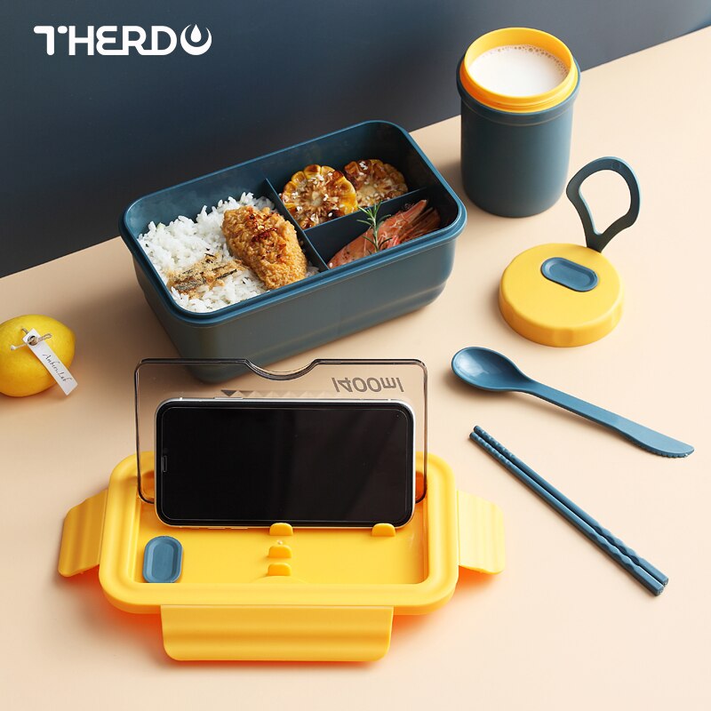 Grid Microwave Lunch Box Portable Japan Compartment Bento Box Simple Style Fruit Salad Container Storage For Kids With Tableware