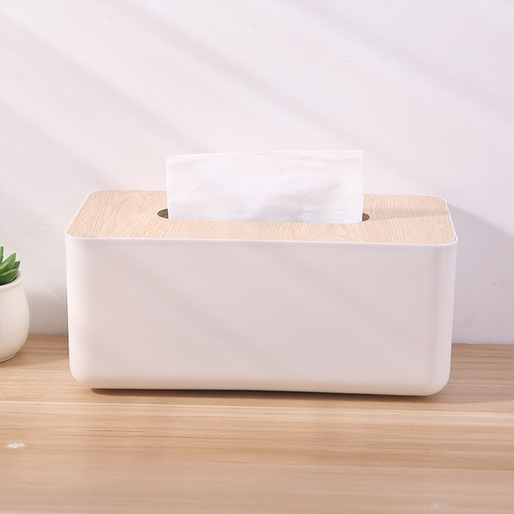 Caja de pañuelos de plástico con cubierta de madera, recipiente de servilleta de cocina para el hogar, caja de pañuelos, caja blanca para servilletas, organizador de papel tisú