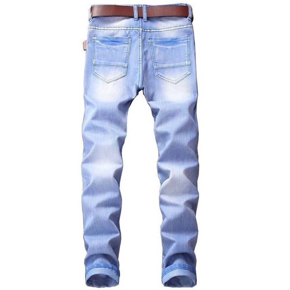 Eh · md® hoog elastische gebleekte blauwe jeans heren golvende gerimpelde gaten patch katoen zacht kleine rechte high street slanke broek