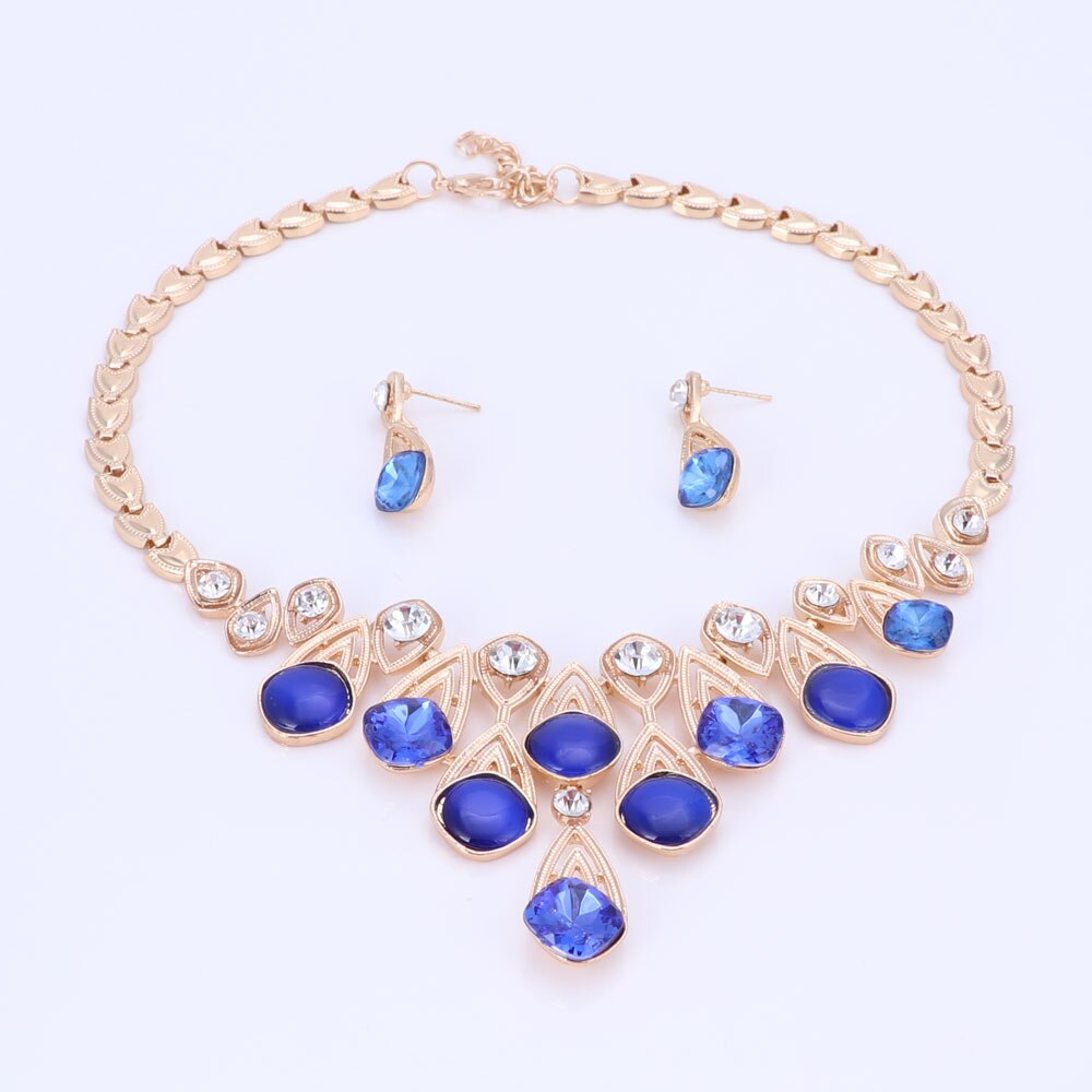 6 couleurs collier de pour femmes opale Noble collier et pendentif bijoux boucles d&#39;oreilles couleur or ensembles de bijoux: Blue