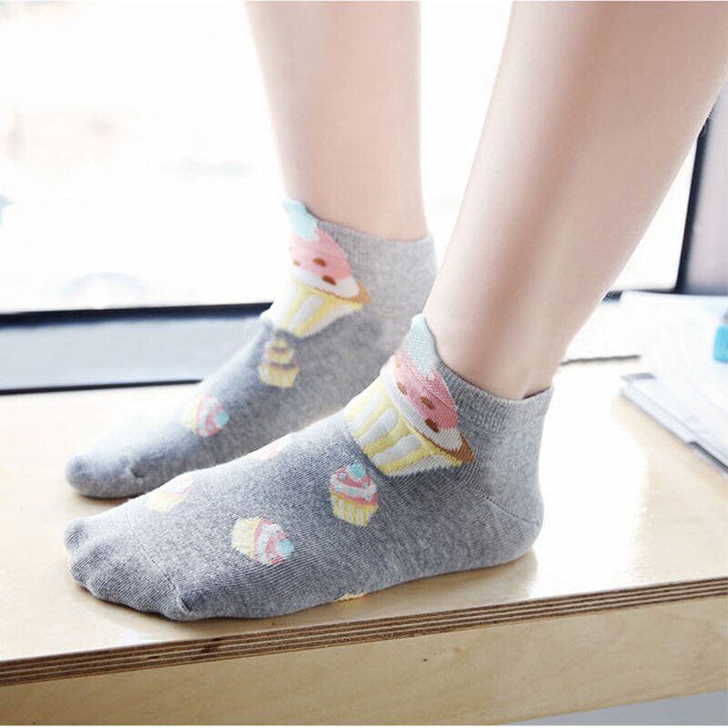 Morematch 1 Pair Women College Style Sock Cake Ice Cream Pattern Cotton Socks Leisure Socks 5 Colors Optional