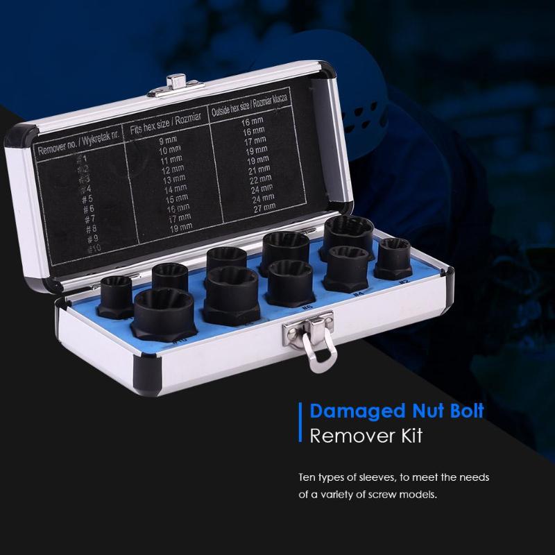 10pcs 9-19mm Damaged Nut Bolt Remover Kit Stud Extractor Broken Bolt Screw Remover Hand Tools Set Threading Tools Kit