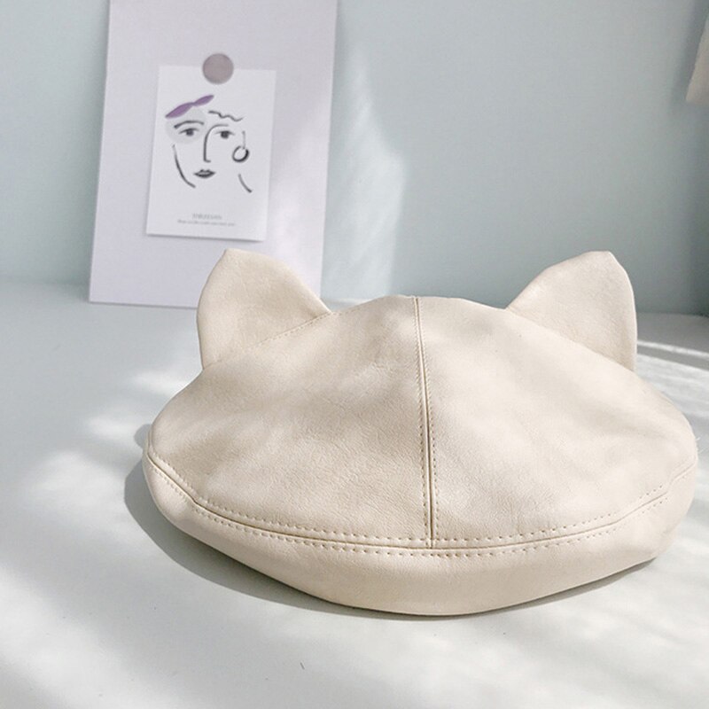 ¡Novedad de ! boina bonita femenina de lana con orejas de gato de cuero PU, gorro de pintor a la adecuado para chica dulce BLM32: Blanco
