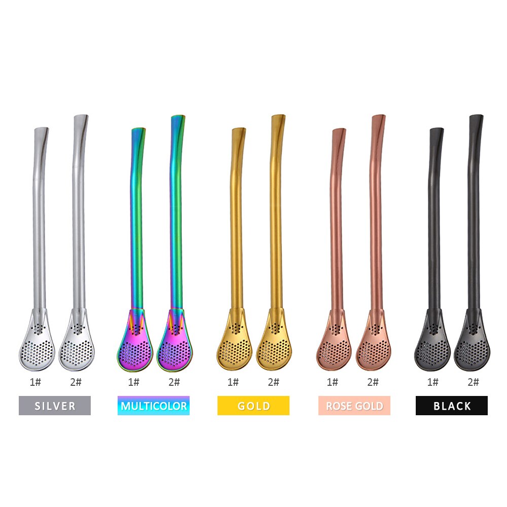 Stainless Steel Tea Coffee Straw Spoon Reusable Drinking Straw Spoon Double Filter Flat Smooth Straws Party Bar Tools