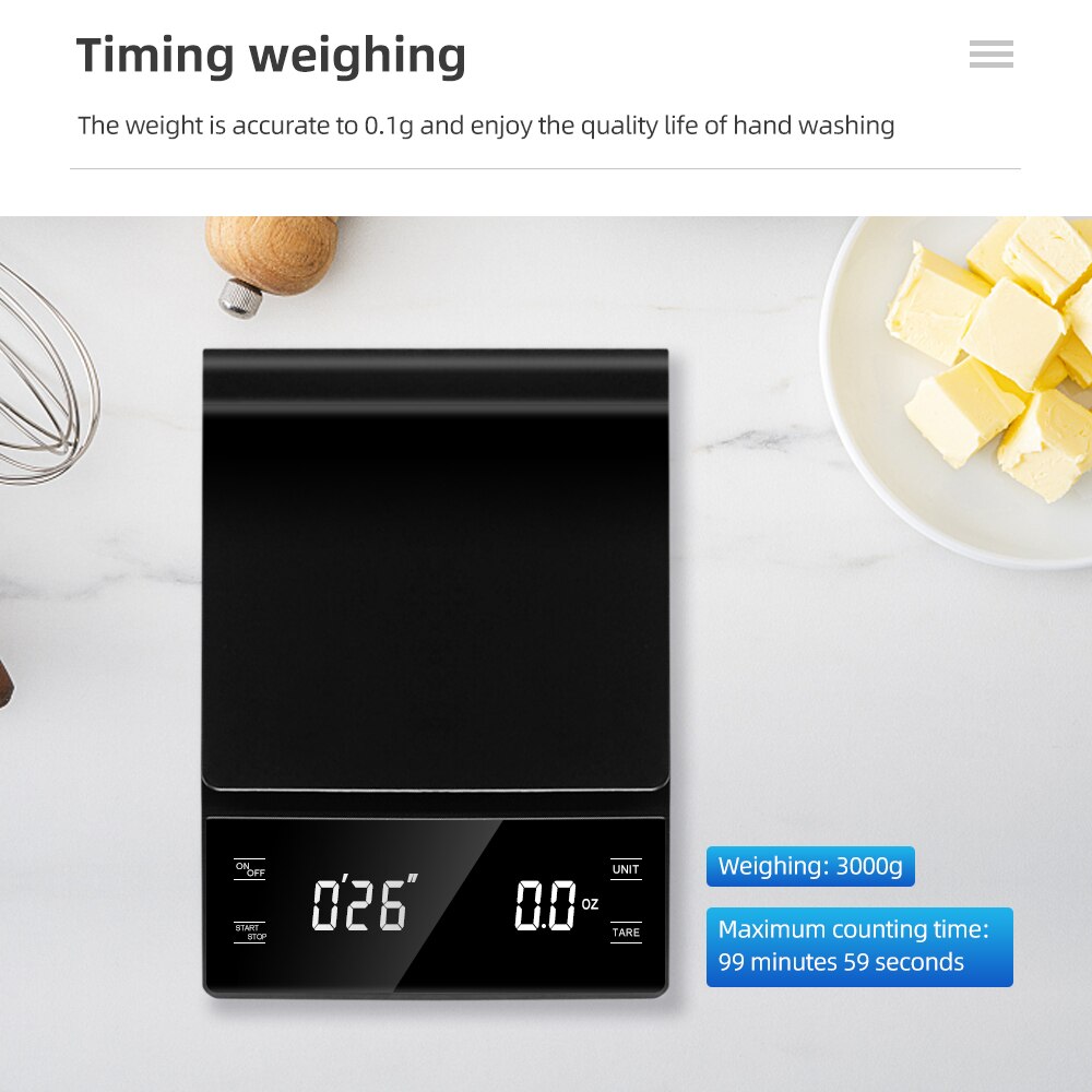 3kg/0.1g Koffieweegschaal met Timer Keuken Gereedschap Digitale Multifunctionele Weegschaal Giet Over Drip Espresso Schaal LCD display