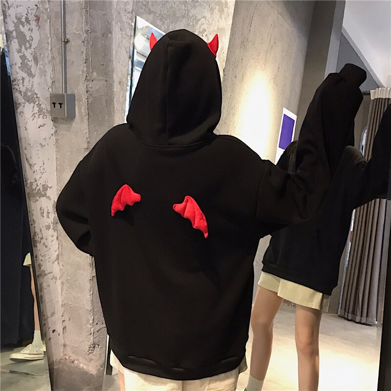 Devil horn hoodie streetwear devil hoodie gothic hooded hoodie kvinnor lösa svarta hooded pollovers sweatshirts oversize harajuku