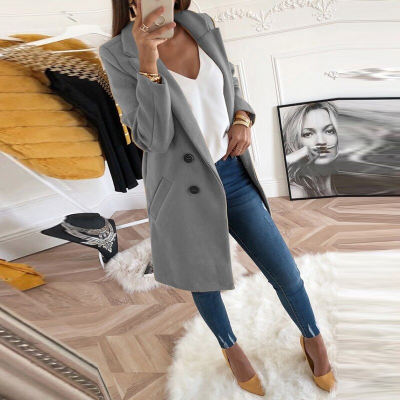 ELSVIOS Herfst Winter Turn-Down Kraag Blend Jas Vrouwen Lange Wollen solid Jasje Vrouwelijke Toevallige knoppen Jas Windbreake 5XL: Gray / XXL