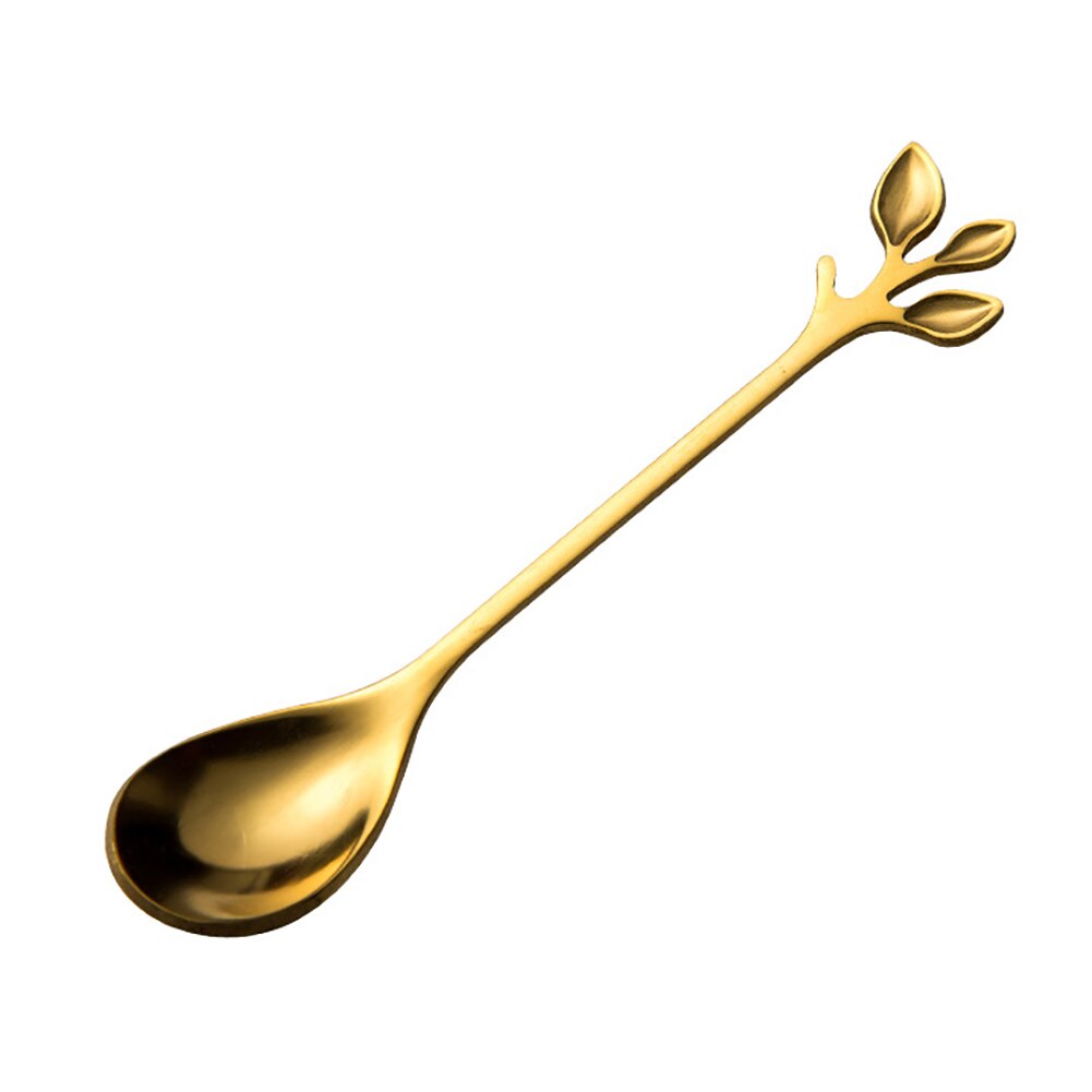 Tenedor para fruta de hoja de acero inoxidable, cuchara para mezclar café no tóxica, tenedores de cocina para fruta, cubiertos: Golden Spoon
