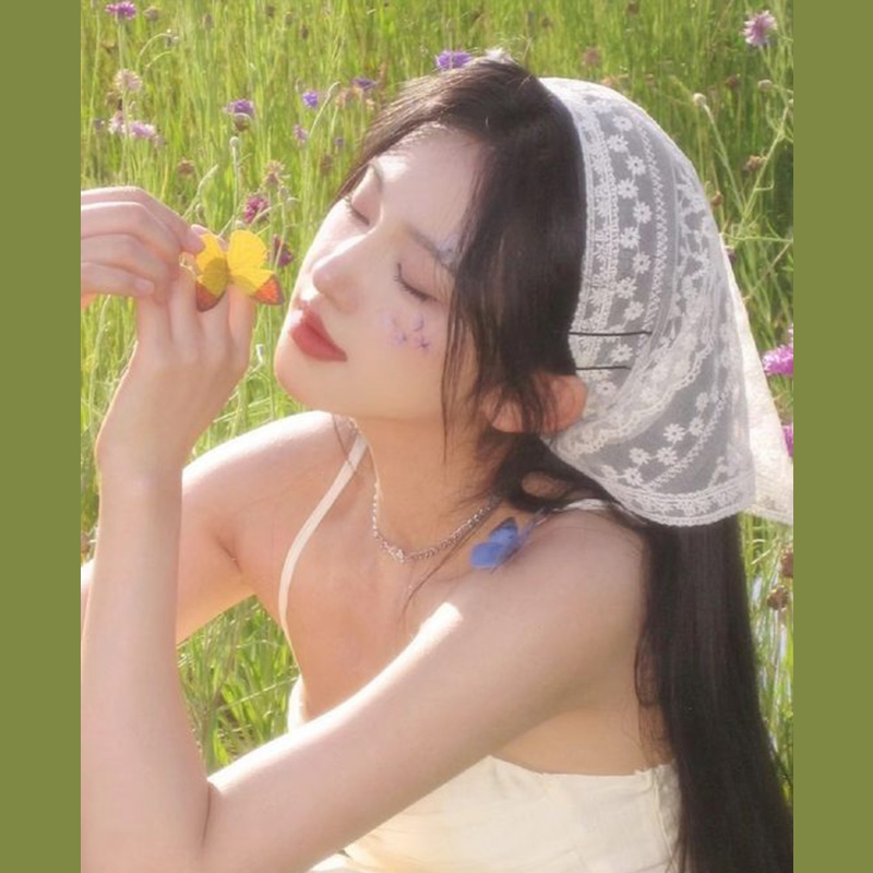 Franse beige bloemenkanten hoofddoek, lief en schattig, landelijke stijl, sjaal voor lente, zomer, kust, bos, foto's, hoofddeksel voor meisjes