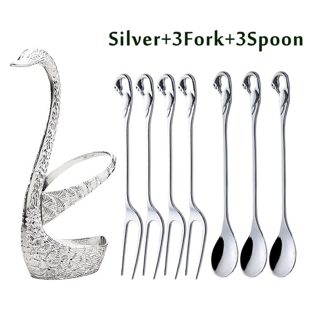 Swan Fruit Base Holder Forks Set Stainless Steel Flatware Bento Accessories Salad Dessert Fork Coffee Spoon Cake Fork Dinner Set: D
