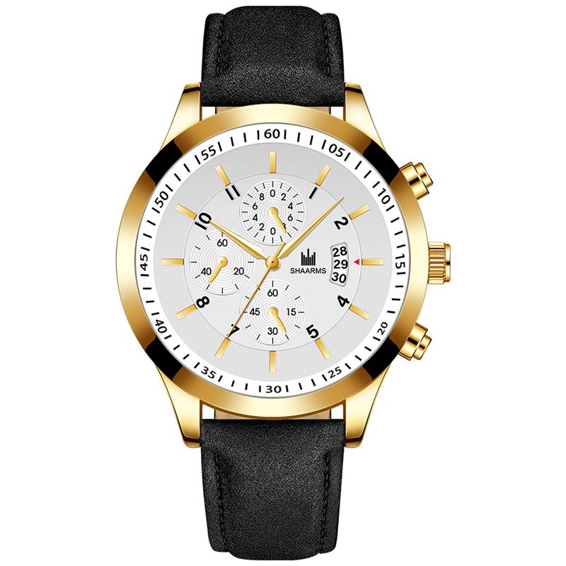 Shaarms herenhorloge met zwarte leren band, quartz polshorloge, sporthorloge voor heren, relogio masculino, reloj hombre: G