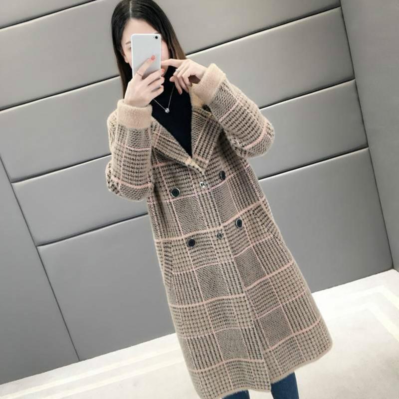 Female Casual Thickening Plaid Plus Size Mink Velvet Overcoat Winter Medium Long Double-breasted Blend Coat