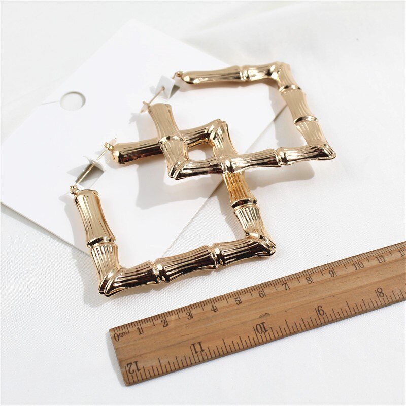 Hip Hop Gold Color Metal Large Square Bamboo Earrings Big Circle Bamboo Joint Hoop Earrings For Women Jewelry Party