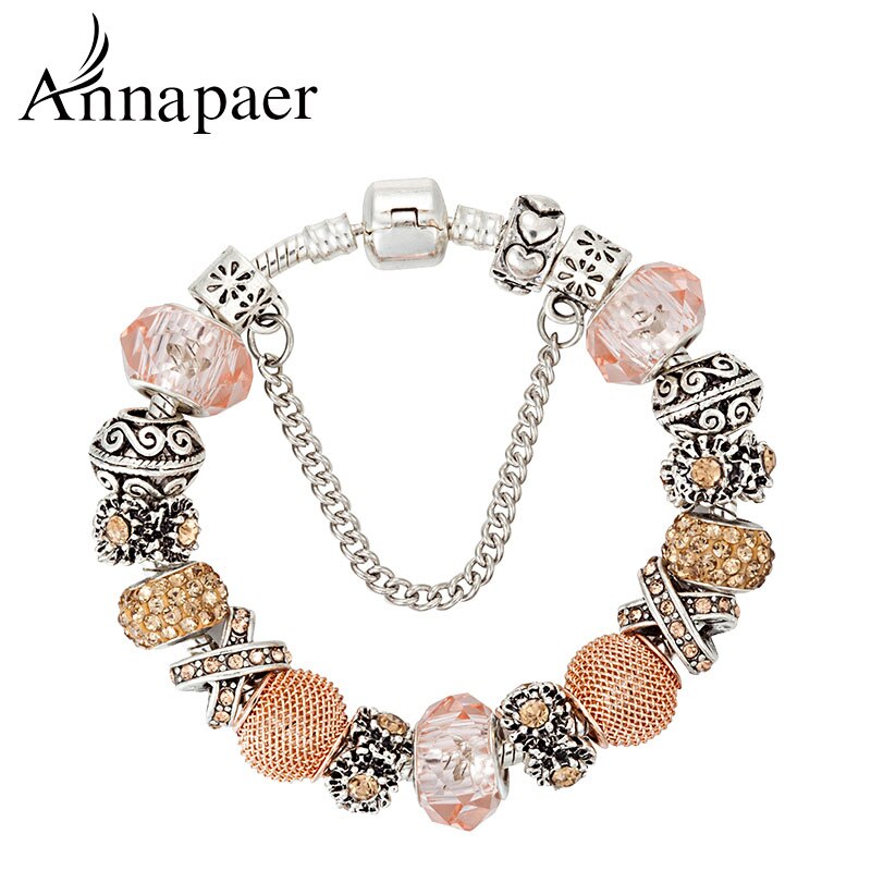 ANNAPAER Silver Color Beads of Flower Charm Bracelet & Bangles with Black Glass Beads Bracelet for Women Jewelry B17003: Beige / 21cm