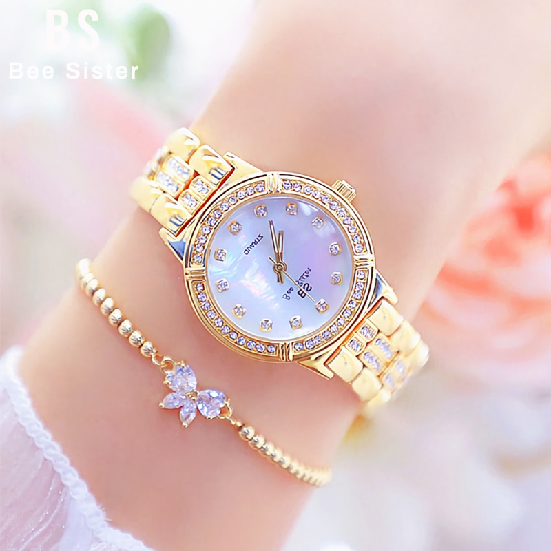 Bee sister dameshorloge luxe roségouden diamanten wijzerplaat met strass steentjes, waterdicht dameshorloge bss -13-38