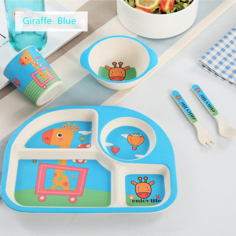 5 stuks babyvoedingsbakjes schattige voedselcontainer van bamboevezels kinderserviesgoed babyservies peuterbord maaltijdschaal: Girafblauw