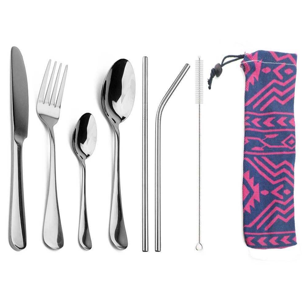 8 unids/set portátil vajilla de acero inoxidable 304 Set de Cubiertos con bolsa pajitas vajilla bolsa de viaje para Picnic: Silver B