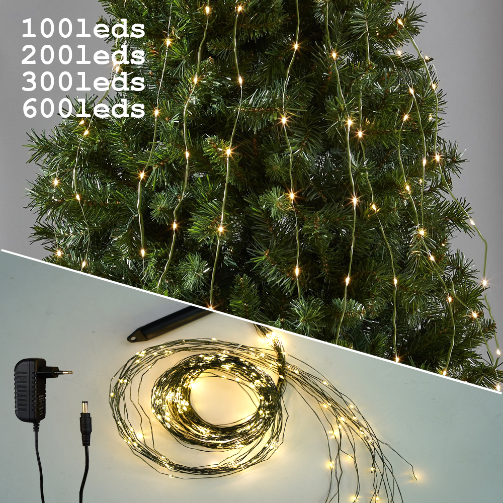 Luces de rama de alambre verde de Navidad, enchufe LED para exteriores, guirnalda de cascada, guirnaldas de luces, decoración para de iluminación navideña