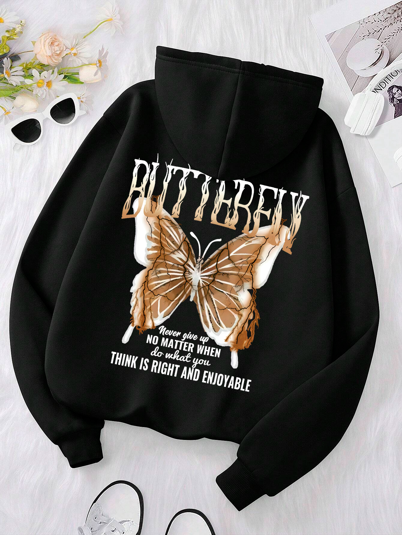 Sweat à capuche imprimé papillon bleu foudre mot femme confortable poche sweat ample doux à capuche vêtements de sport décontractés