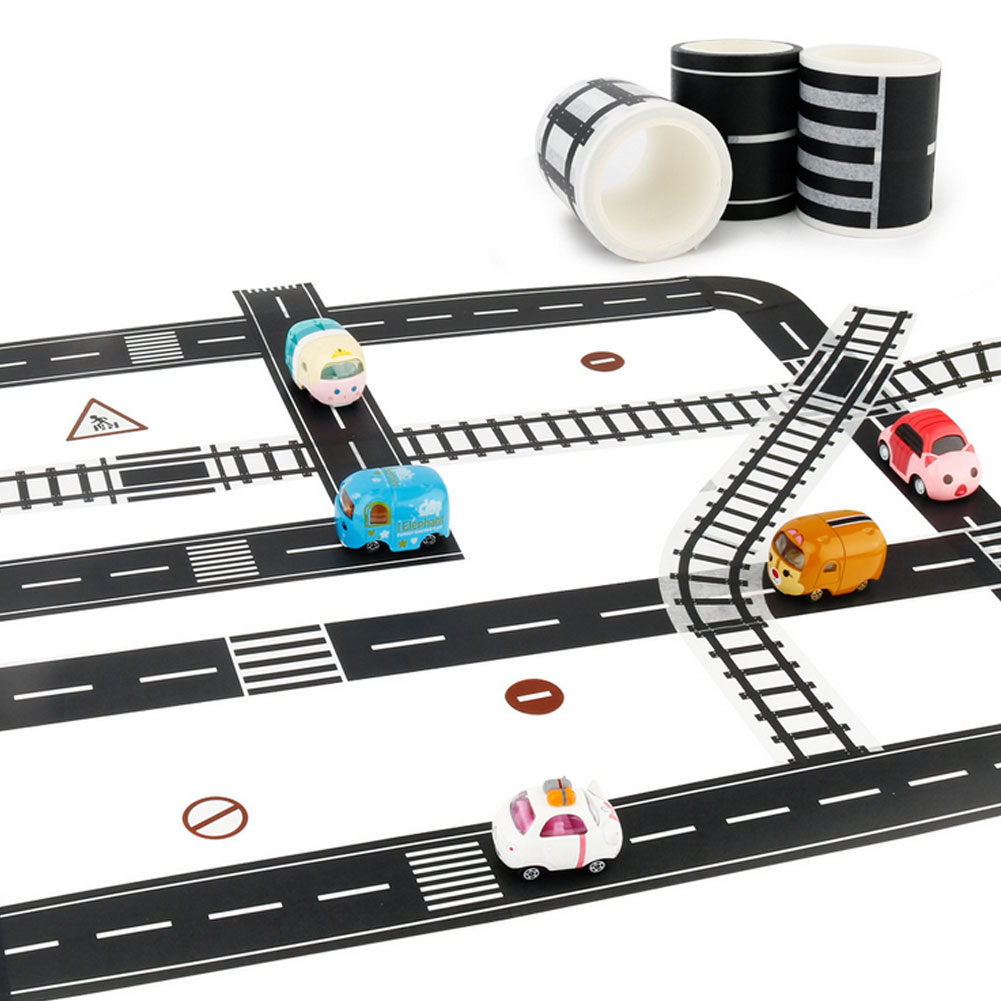 Børn håndværk vejbånd diy trafikskilt model selvklæbende togspor klistermærke rullebånd til billegetøj børn pædagogisk legetøj