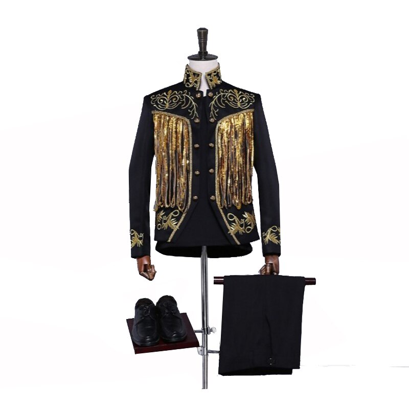 Shenrun Men&#39;s Black White Suit Jacket Sequins Embroidery Gold Silver Twinkle Tassel Blazers Slim Fit Stage Dress Singer Costumes