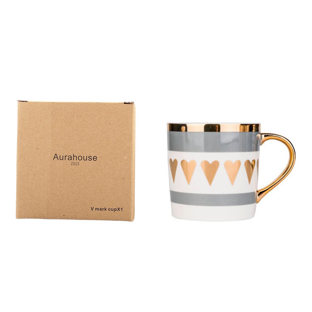 Golden Ceramic Mug Porcelain Coffee Mug China Bone Milk Tea Cup Love Heart Stripe Coffee Cup Drinkware