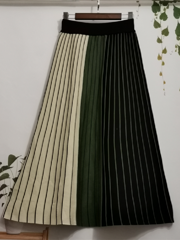 Höst vinter stickad kjol hög midja lång pennkjol kvinnor stickad avslappnad vintage maxikjol vintage varm tjock midi randig: Grön