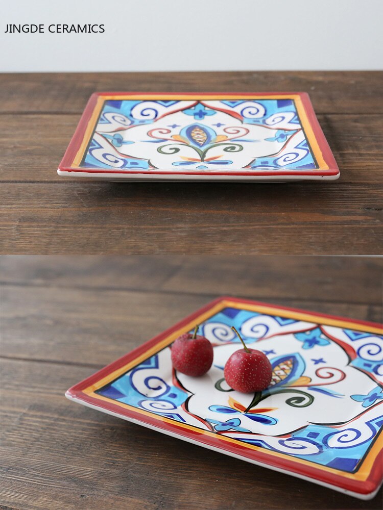 Square hand painted flower ceramic plate fruit salad plate dessert steak japanese cuisine kitchen storage decorative tableware