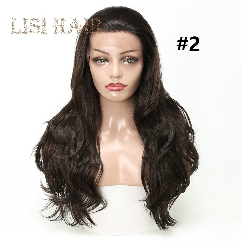 LISI, peluca frontal de encaje sintético ondulado largo de color negro puro para mujeres, cabello clásico de 26 pulgadas: # 2