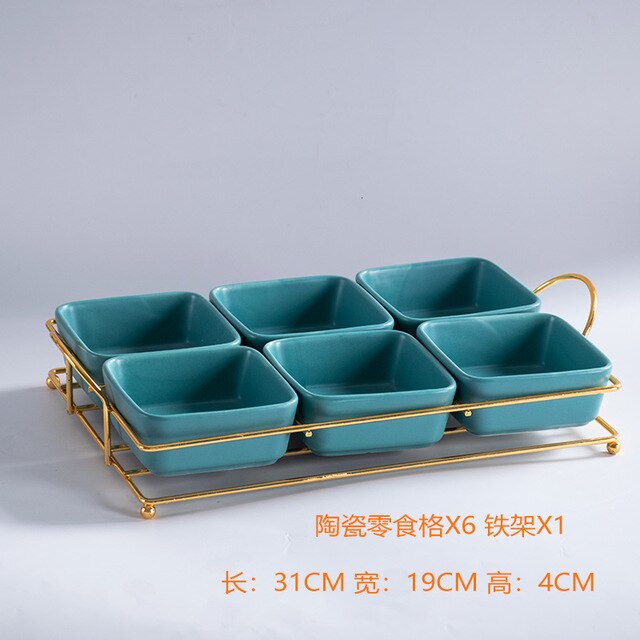 De cerámica bandeja de comida con divisores hogar fruta Bol para bocadillos bandeja de almacenamiento con soporte de hierro decoración de bandejas de ensalada: blue6