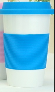 Taza de cerámica con aislamiento térmico, con tapa y funda de goma de silicona, porcelana de Taza de Viaje reutilizable, taza con impresión de logotipo: Azul