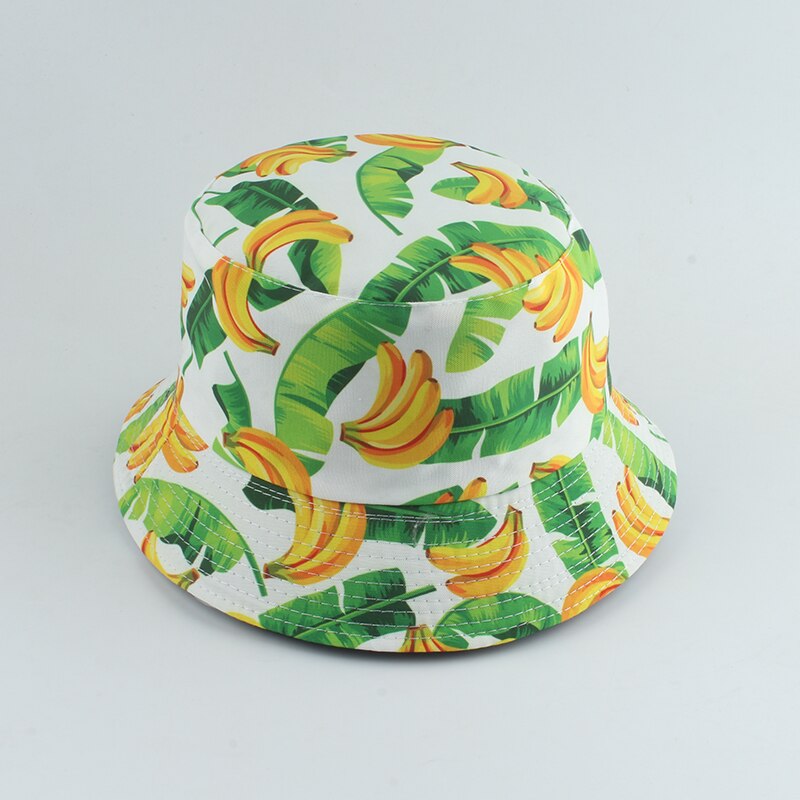 Zomer Zon Hoeden Voor Vrouwen Mannen Panama Emmer Cap Fruit Watermeloen Oranje Banaan Aardbei Gedrukt Visser Hoed: new banana