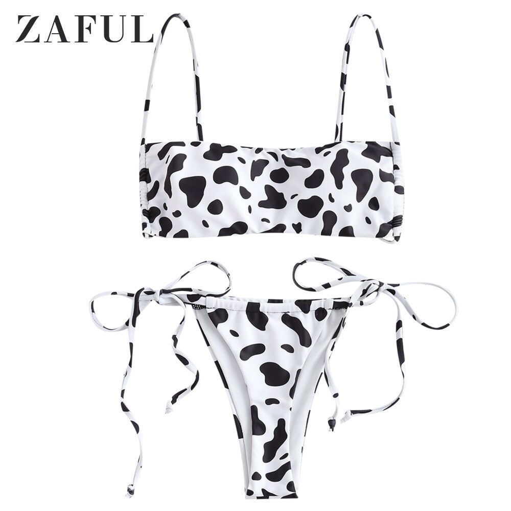 Zaful Gewatteerde Tijgerprint String Bikini Badmode Cami Animal Print Twee Stukken Badpak: White / S