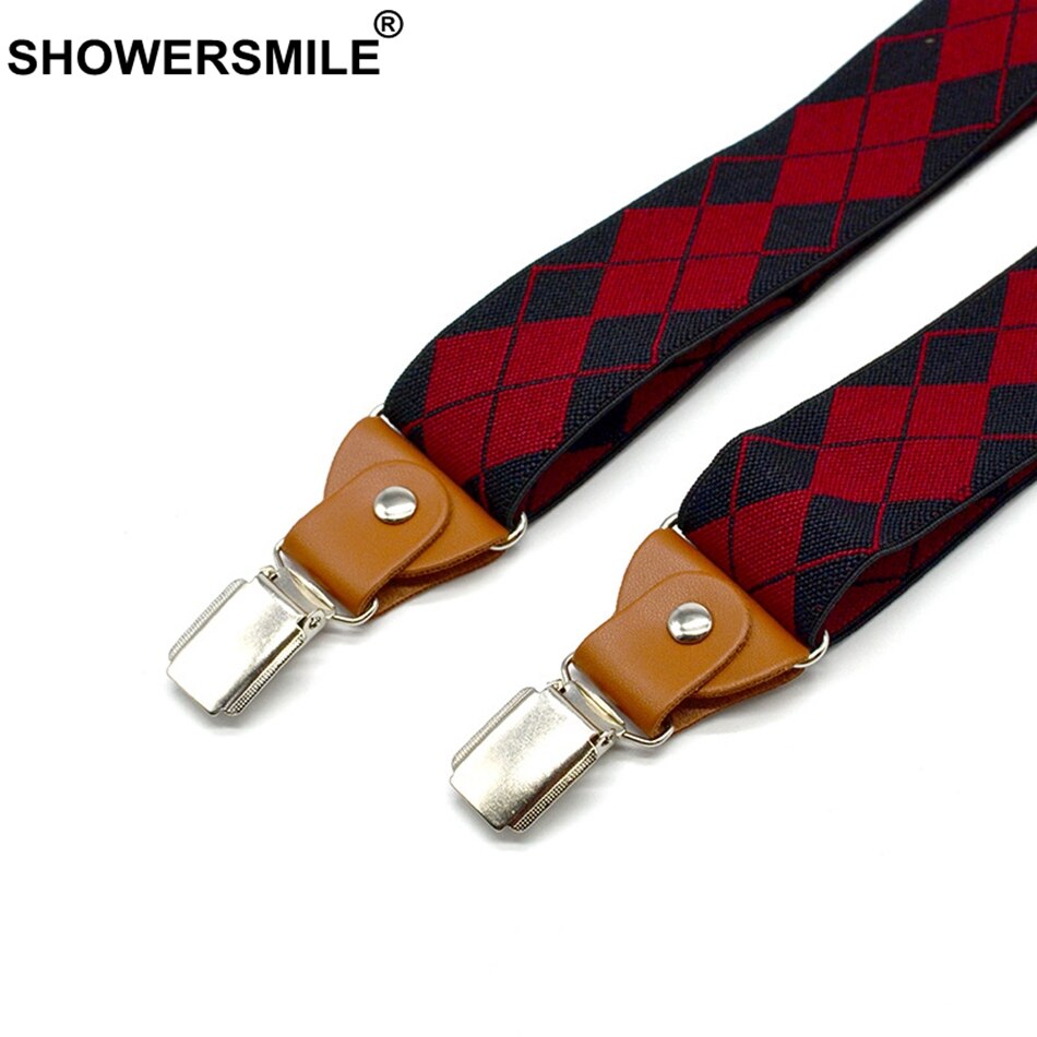 Showersmile hängslen man för byxor svart röd argyle justerbart y back hängselbälte 3 klämmor med läder hängslen