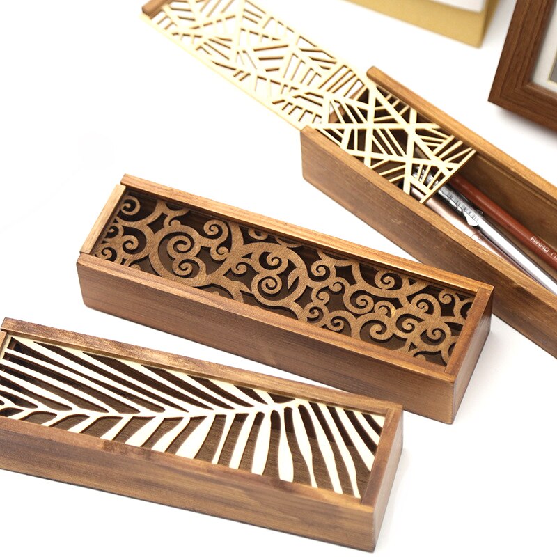 Wooden Hollow Office Desk Storage Box For Pencil Case Jewelry Stationery Storage Box Cosmetic Organizer Desk Accessories