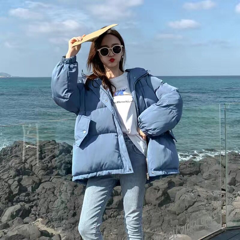 Dam vinter höstjacka bomull vadderad huva oversized lös kvinnlig tjock kappa kort solid casual damparkas: Blå / S