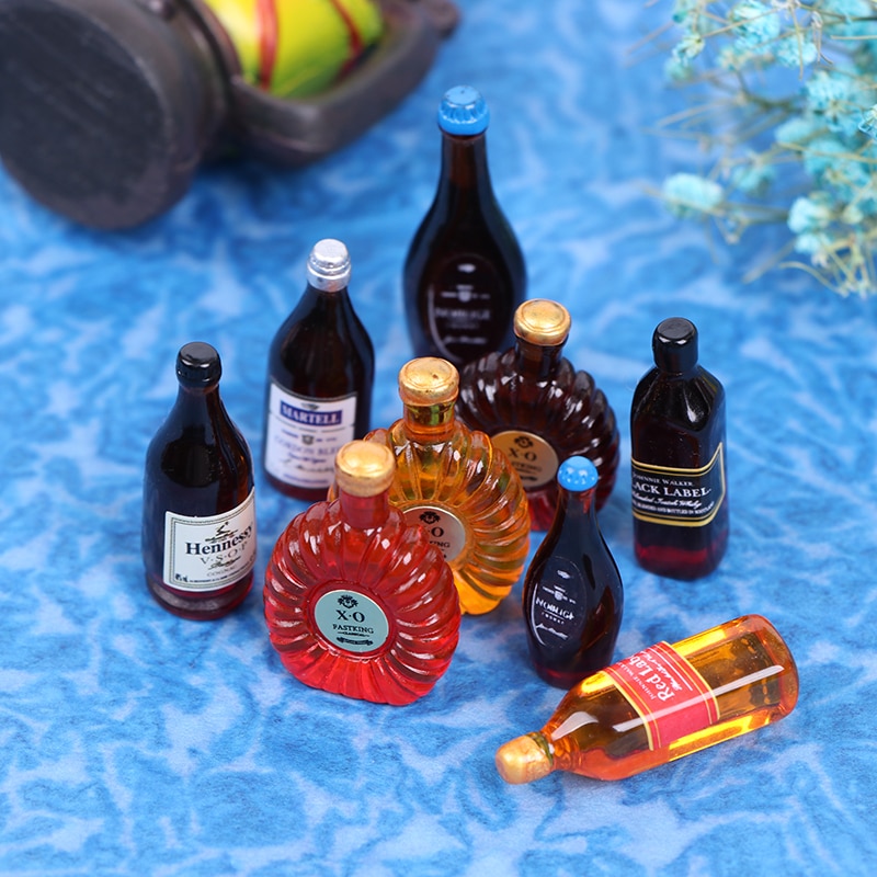 10pcs/set 1:12 Dollhouse Miniature Wine Bottle Whisky Simulation Drinks Model