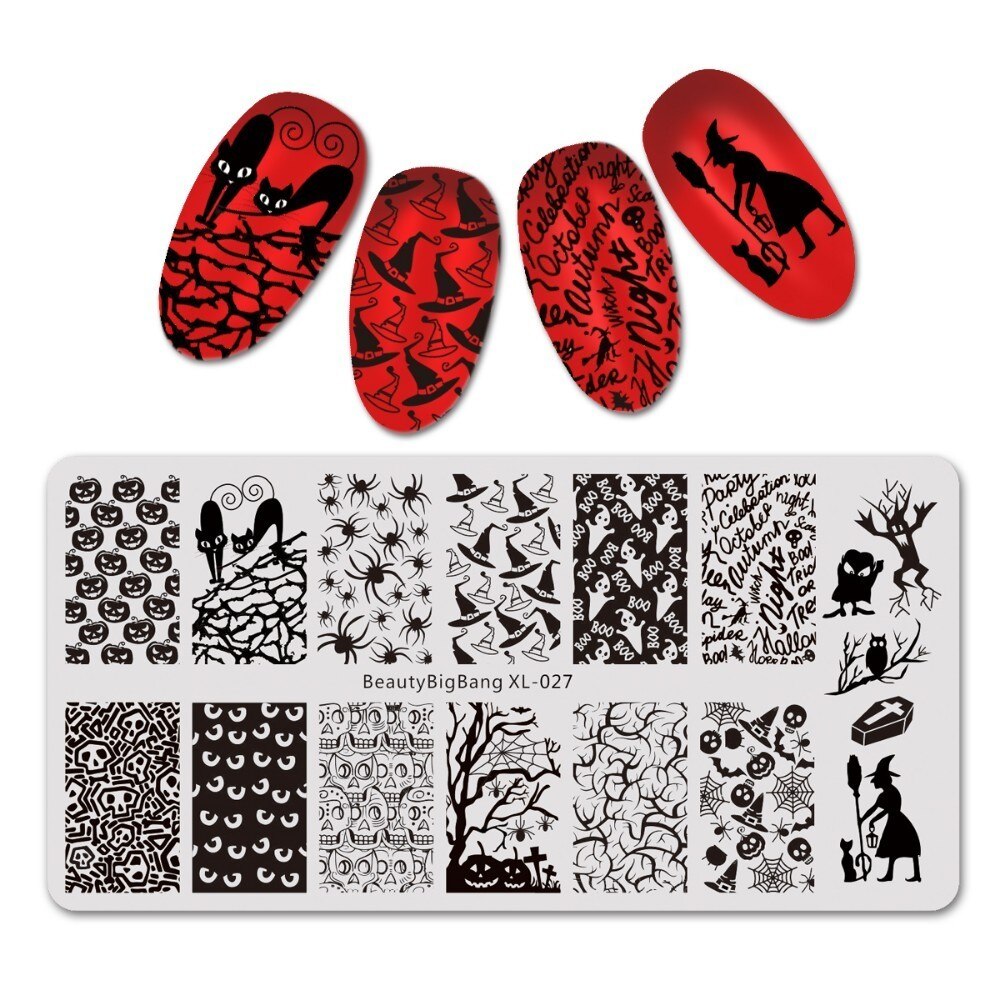 Beautybigbang negle stempling plader halloween edderkop kraniet græskar heks billede nail art skabelon stencil til negle bbb xl -027: 27