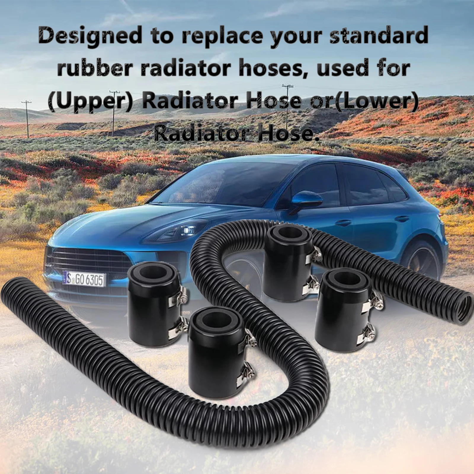 Kit de manguera de agua refrigerante flexible para radiador de acero inoxidable, Universal, negro, plateado, 48 ", con tapas