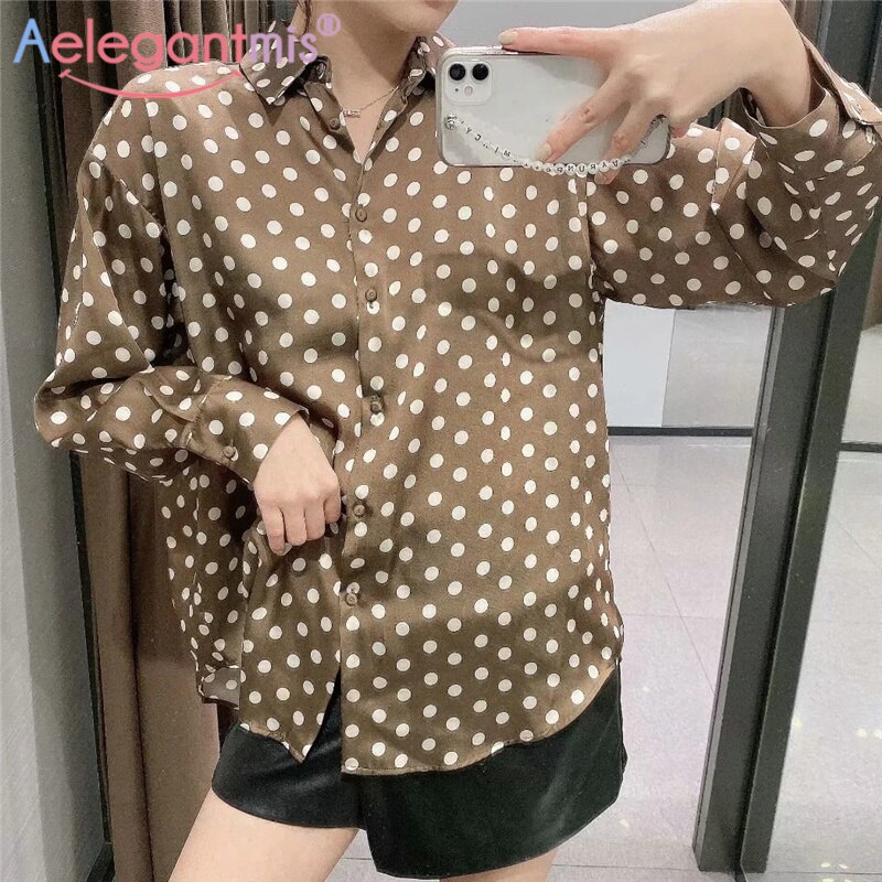 Aelegantmis Vintage Polka Dot Blouses Shirt Female Spring Long Sleeve Casual Women Dot Shirt Green Loose High Street Chic