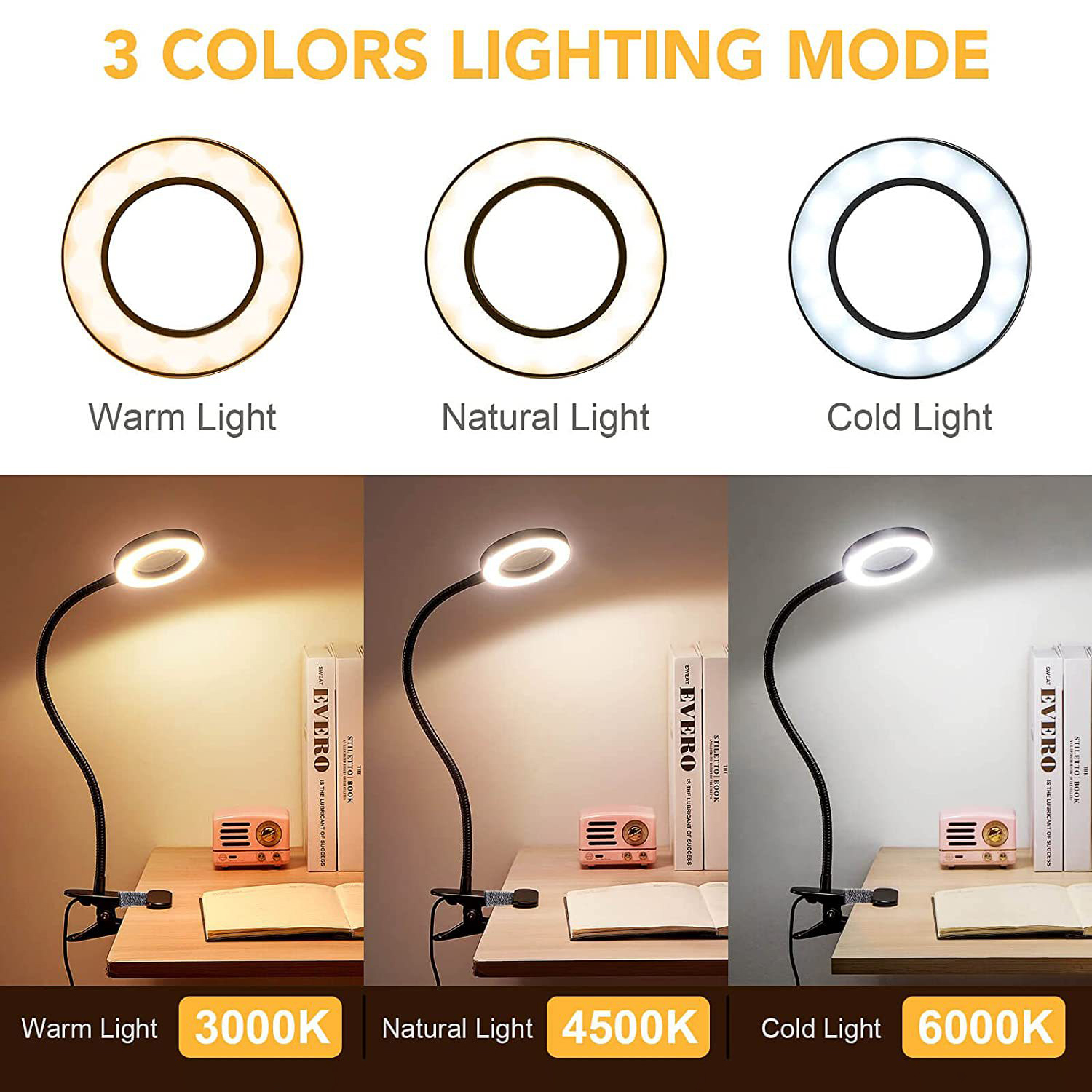 10-fache Clip-an-Schreibtischlampe, LED-Lupe mit Lampe, Nagelstudio, Sticklampe, tragbare Augenschutzlampe, Schwarz, Weiß, Silber