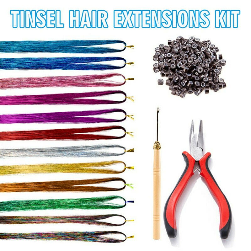 Tinsel Hair 12 Colors Hair Tinsel Extensions For Women Girls With Tools Braiding Sparkle Shiny Hair Braiding Headdress Long