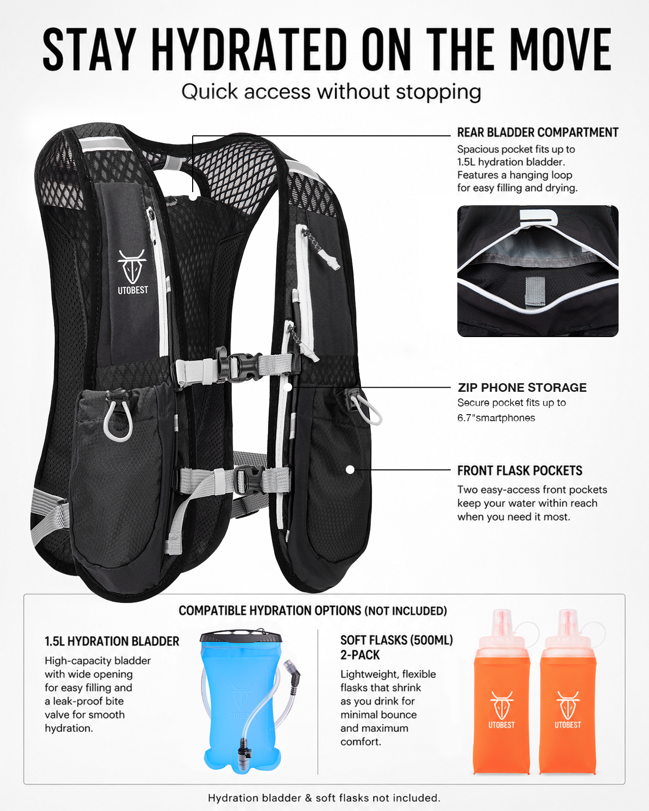 Utobest trailrunning rugzak 5l ultralichte hydratatievest ademende functionele rugzak voor marathons, fietsen en wandelen
