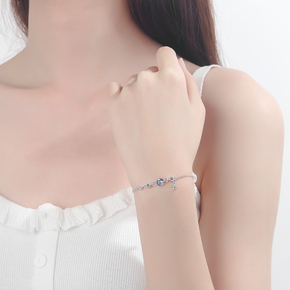 925 Sterling Zilveren Prachtige Moon Star Planet Hanger Armband Gradiënt Mooonstone Link Chain Armband Voor Vrouwen S-B270