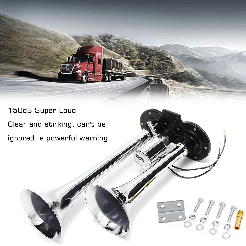 12V/24V Universal Dual Trumpet Electric Horn 150dB Super Loud Solenoid Valve Air Horn Speaker Kit for Truck Car Accessories