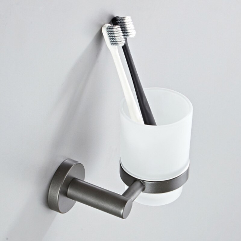 Ensemble d'accessoires de salle de bain gris en laiton, porte-brosse, rouleau de papier toilette, étagère à serviettes, douche, porte-savon mural, support pour sèche-cheveux: Cup Holder