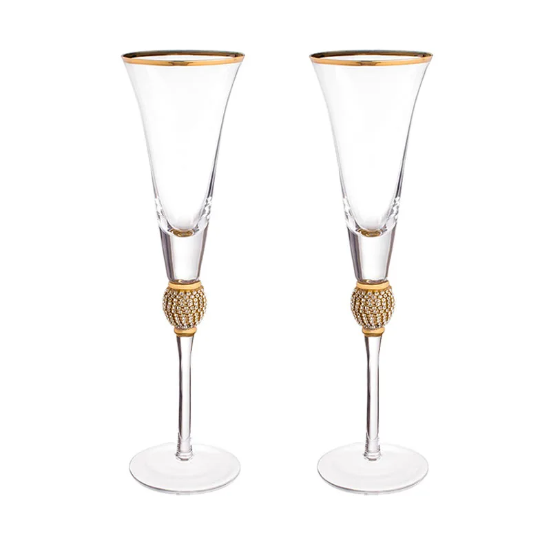 Juego de copas de vino con borde dorado de cristal, 2 uds., , con diamantes de imitación, decorativo, tallo largo, flautas de champán, de copa de cóctel: Negro