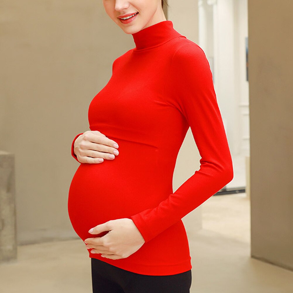 Vrouwen Moederschap Tshirt Vrouwen Mom Zwangere Borstvoeding Kleding Lange Mouwen Tops Hoge Kraag Borstvoeding T-shirt Nachtkleding: Red